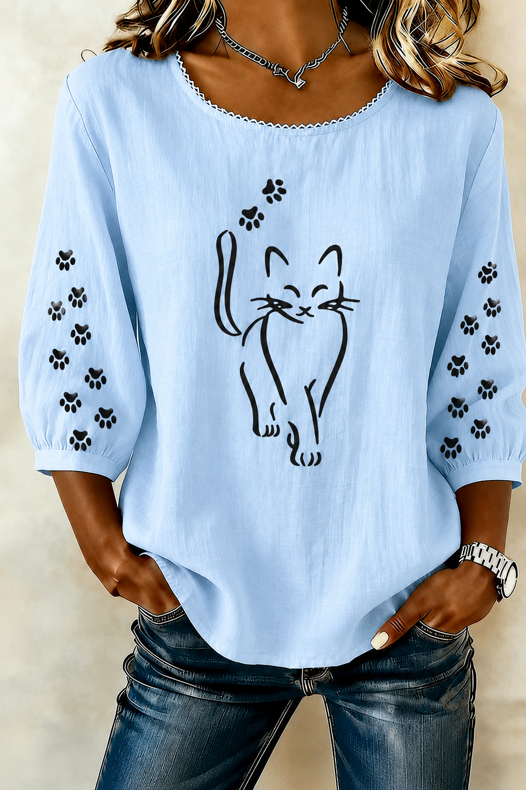 Elegant Cat Print Round Neck Top For Women'S Clothing