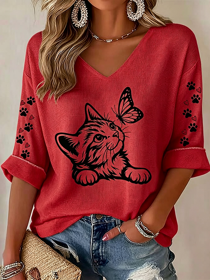 Women'S Cat Paw Print Waffle Print T-Shirt