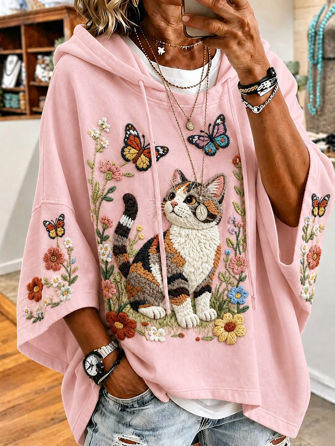 Women's Cat and Flower Hoodie