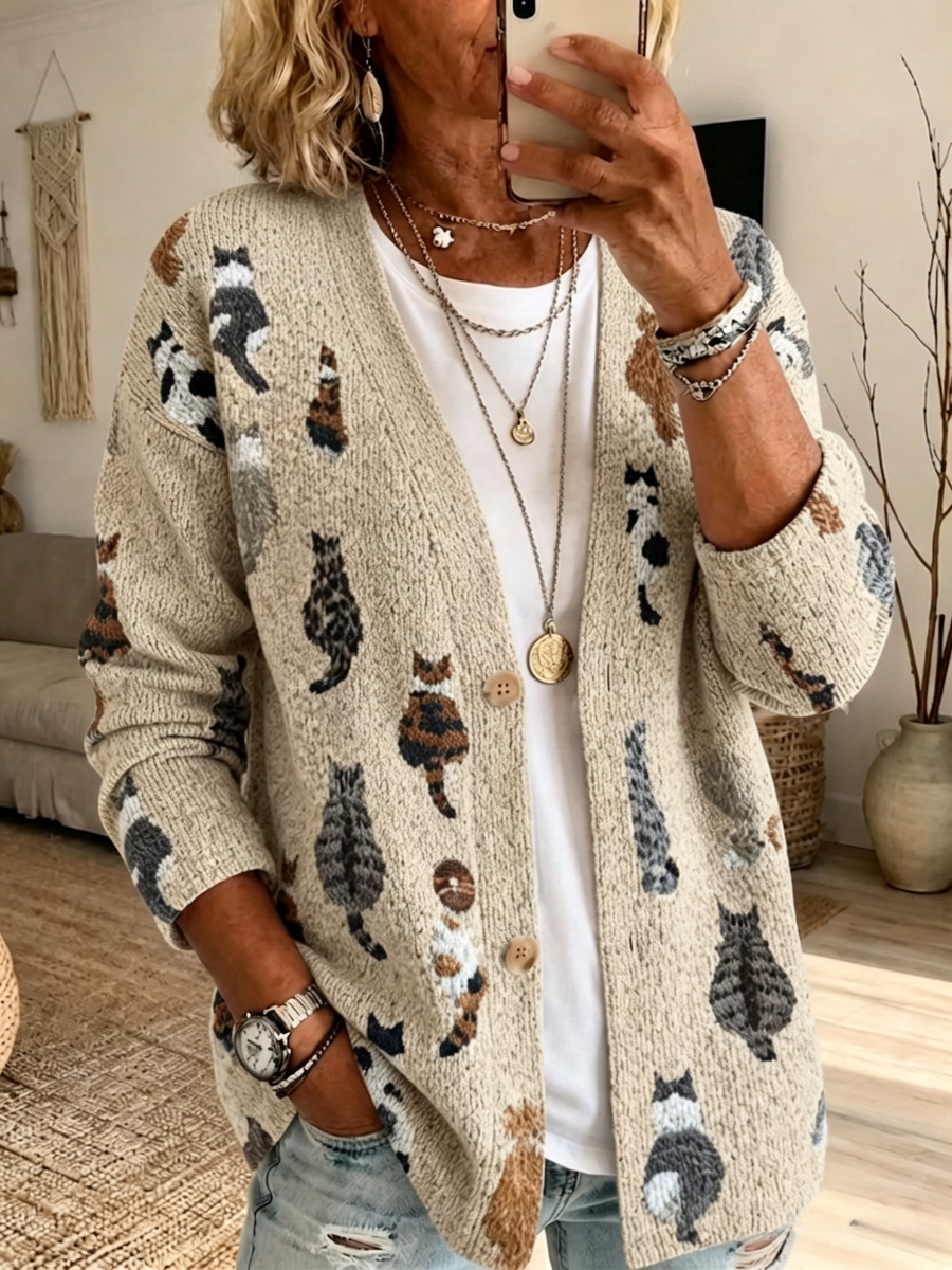 Women's Animals Cat Printed Fashion Cardigan Top