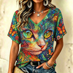 Women's Hippie Cat Print Short-sleeve V-neck T-shirt