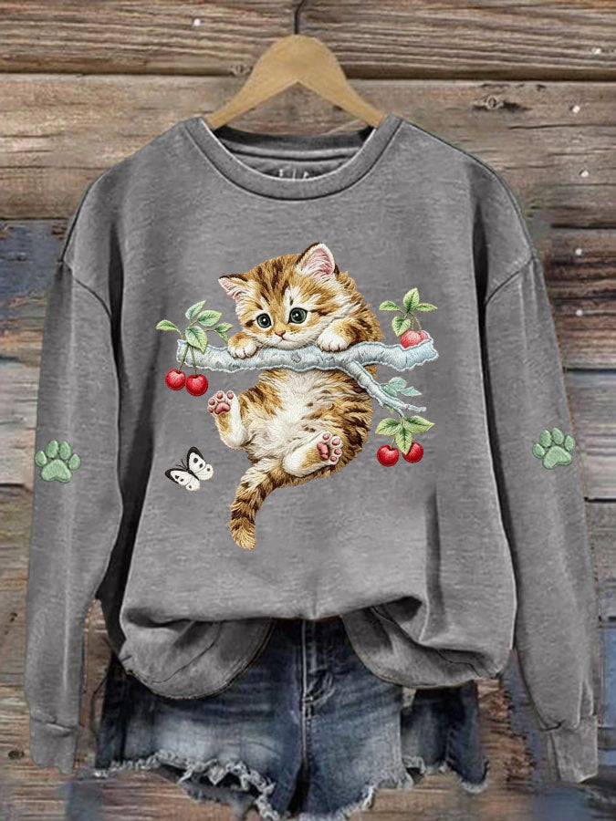 Women'S Cute Cat Printed Sweatshirt