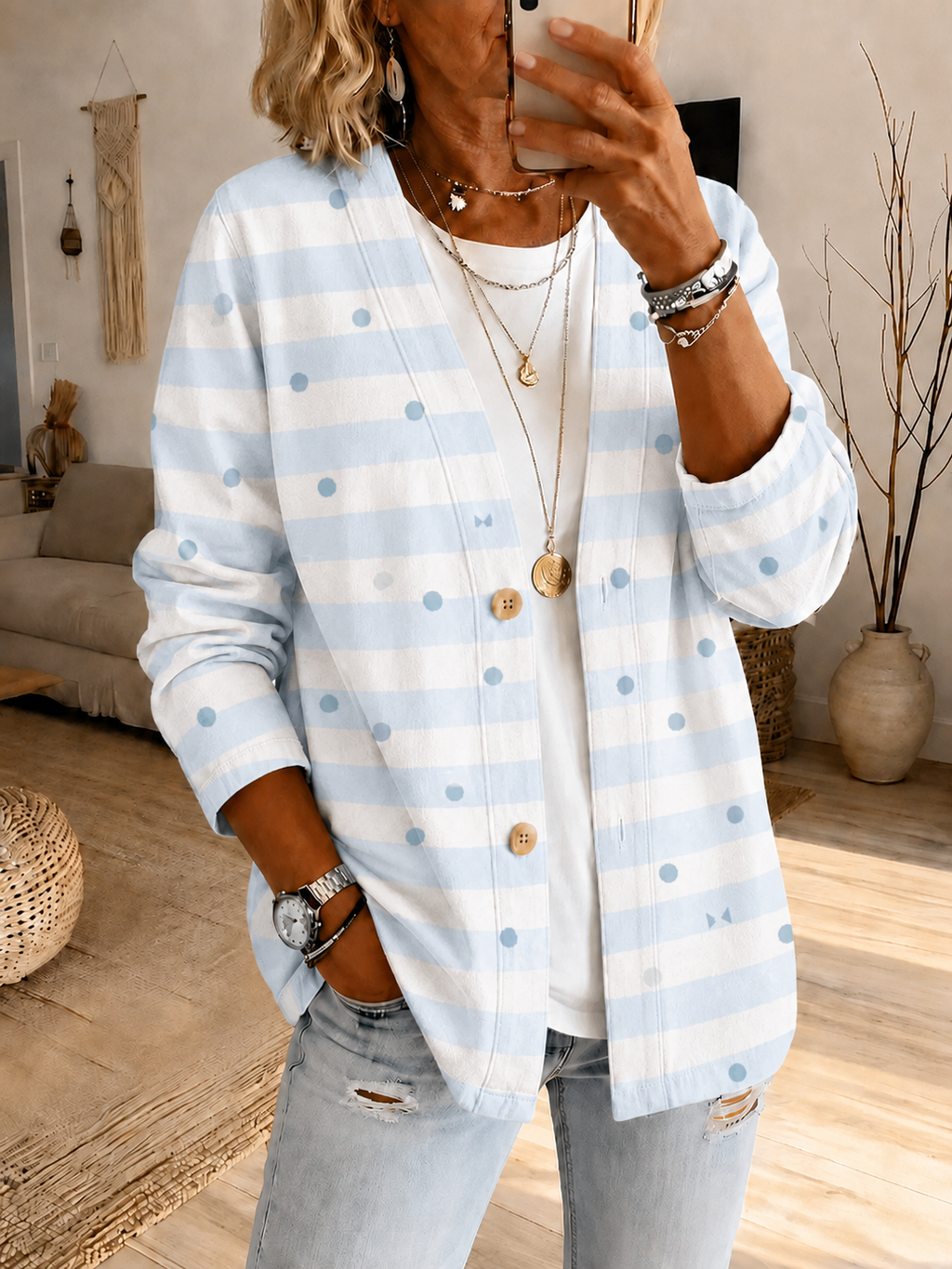 Women'S Striped Polka Dot Printed Casual Cardigan