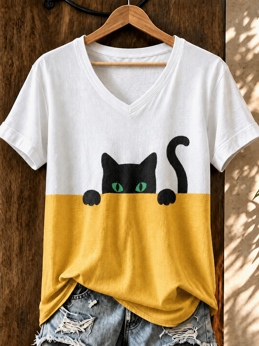 Women'S Cute Cat Printed Casual V-Neck T-Shirt