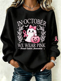 Women's Breast Cancer Print Crew Neck Check Sweatshirt