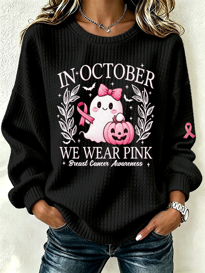 Women's Breast Cancer Print Crew Neck Check Sweatshirt