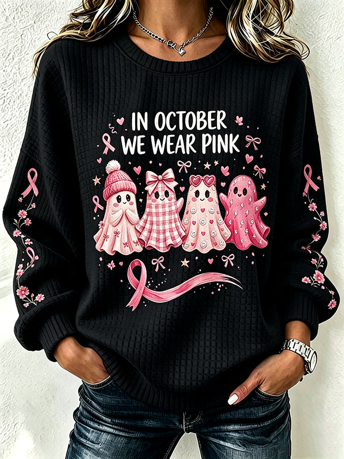 Women's Breast Cancer Print Crew Neck Check Sweatshirt