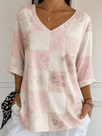 Women's Floral Plaid Patchwork V-Neck 3/4 Sleeve Tunic Blouse