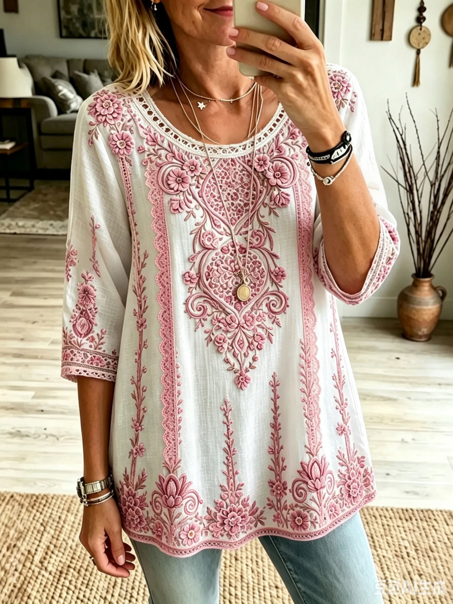 Women's Lace Floral Print Linen 3/4-Sleeve Shirt