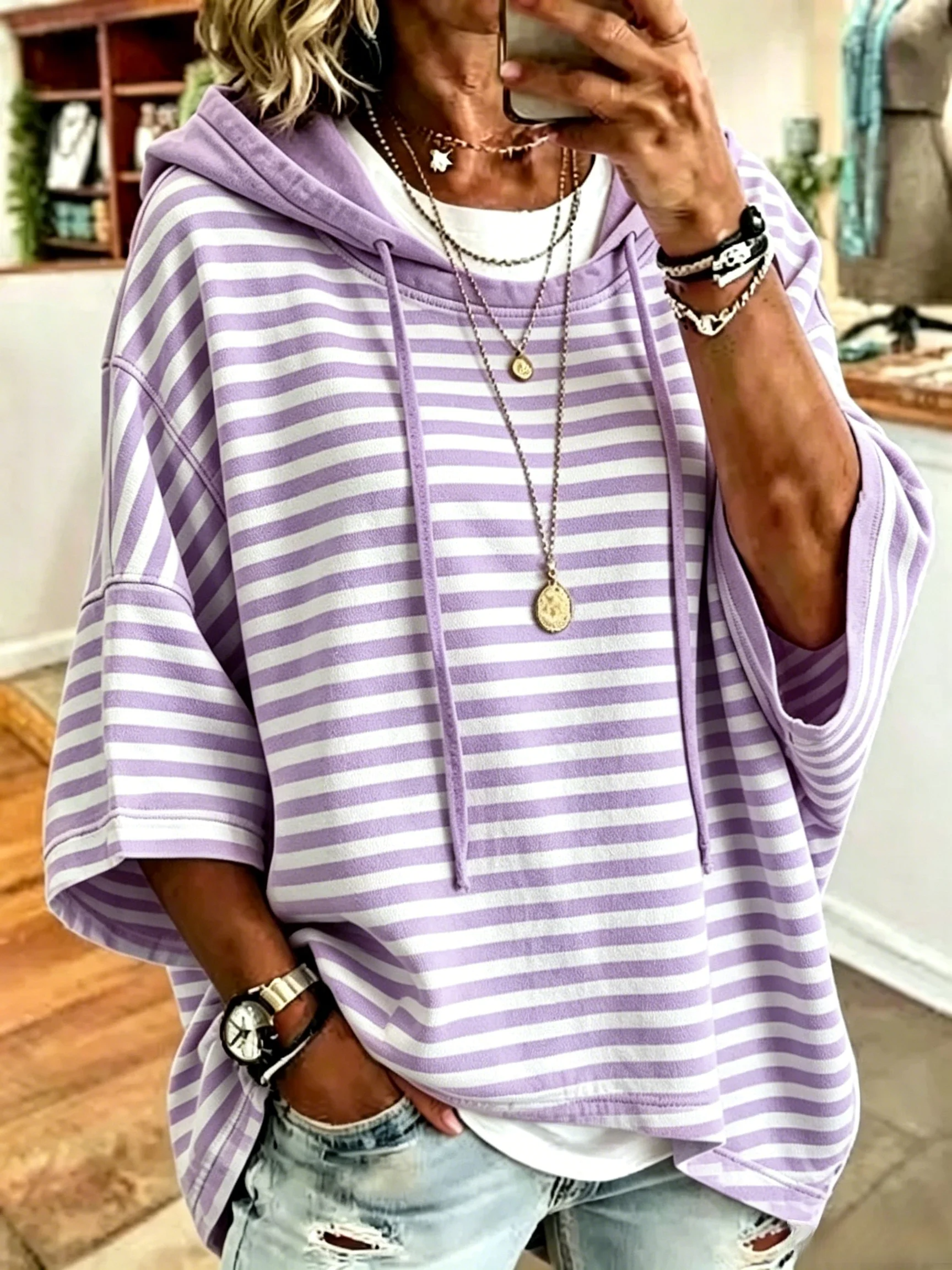Women's Casual Loose Casual Striped Hooded Sweatshirt