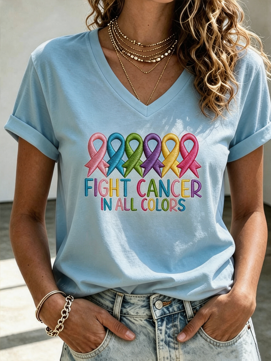 Women'S Casual Cancer Promotion Month Multi Color Round Print Short-Sleeve T-Shirt