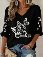 Women'S Cat Paw Print Waffle Print T-Shirt