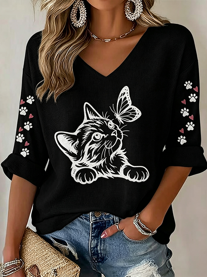 Women'S Cat Paw Print Waffle Print T-Shirt