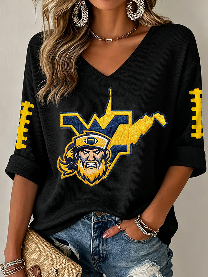 Women'S Rugby Patterned Waffle V-Neck Top