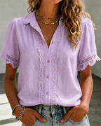 Women'S Loose Solid Color Multi-Color Lace Short Sleeved Casual Shirt