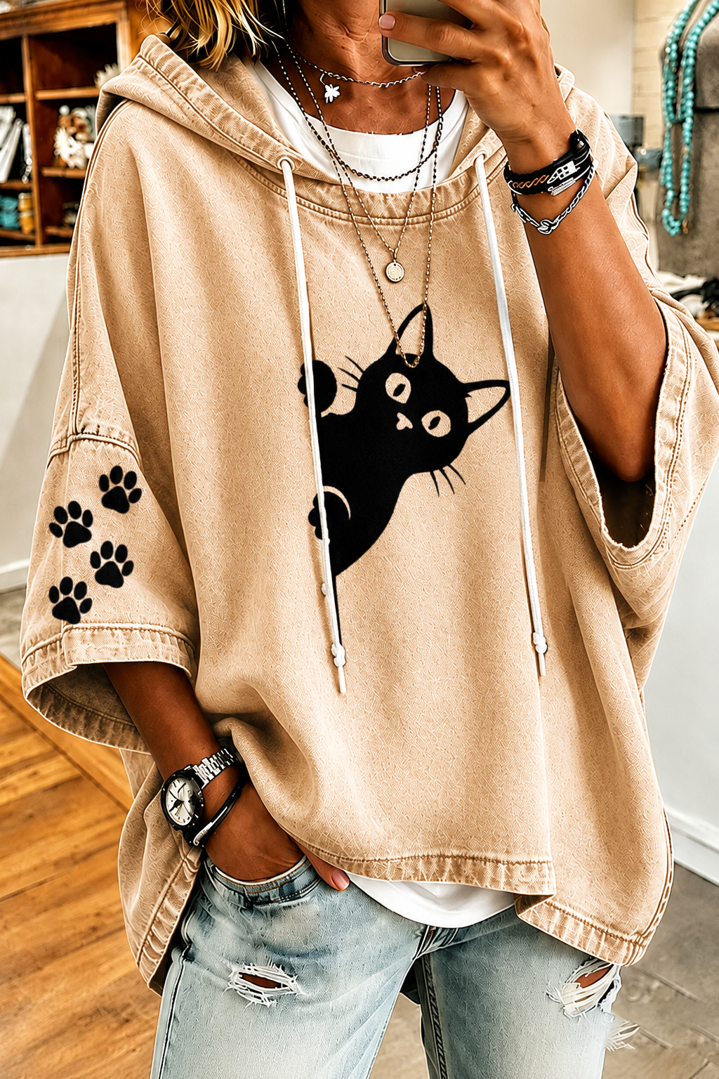 Women'S Cat Beachhead Peeking At Printed Casual Hoodie