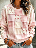 Women'S Floral Patchwork Contrasting Round Neck Top