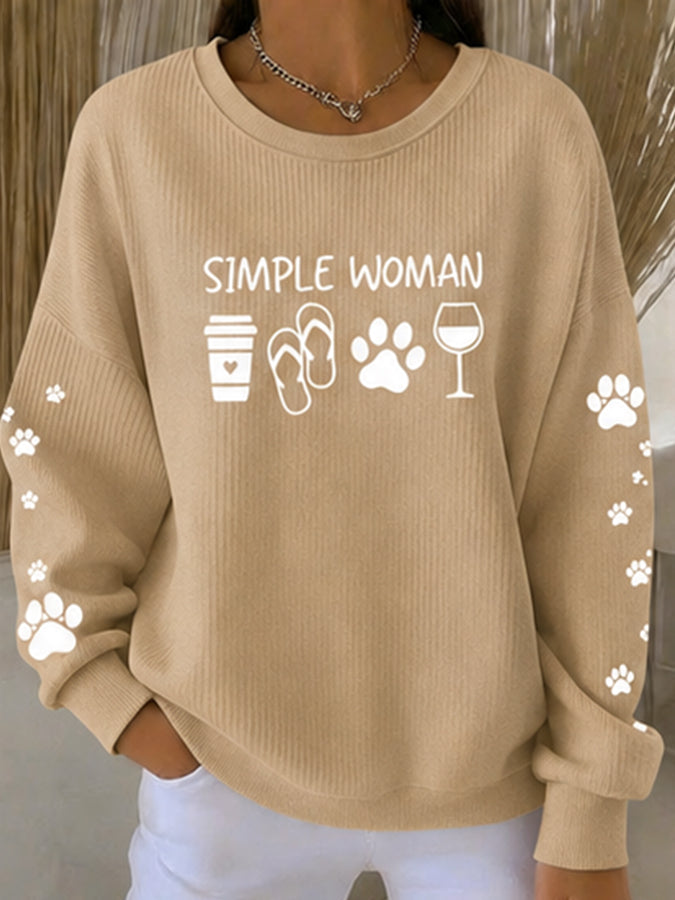 Women's cat print ribbed round neck sweatshirt