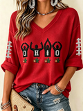 Women'S College Rugby Printed Waffle V-Neck Top