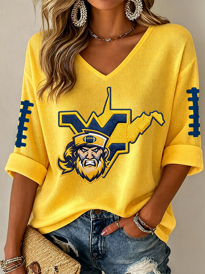 Women'S Rugby Patterned Waffle V-Neck Top