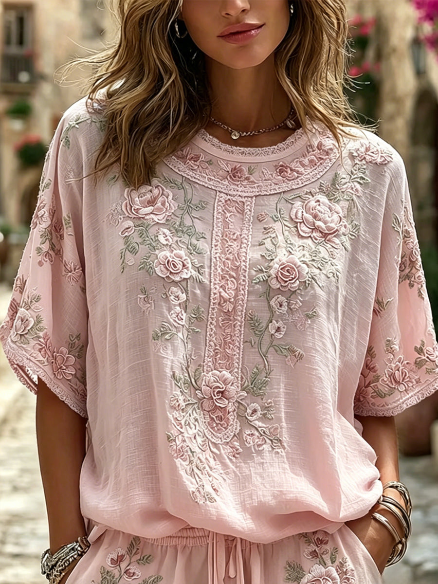 Women's Floral Art Cotton Linen V-Neck Short Sleeved Top