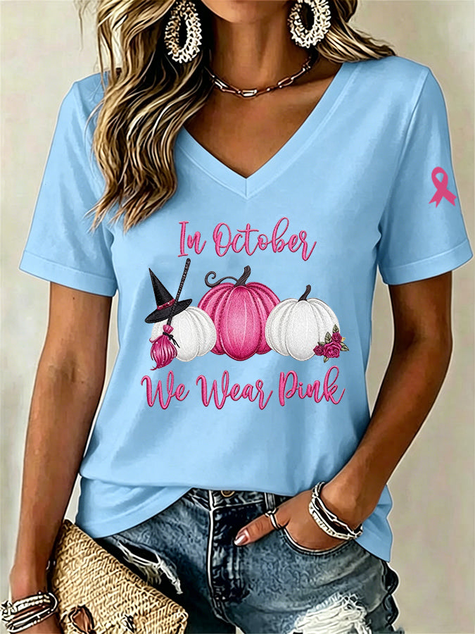 Women'S In October We Wear Pink Print Short-Sleeve T-Shirt
