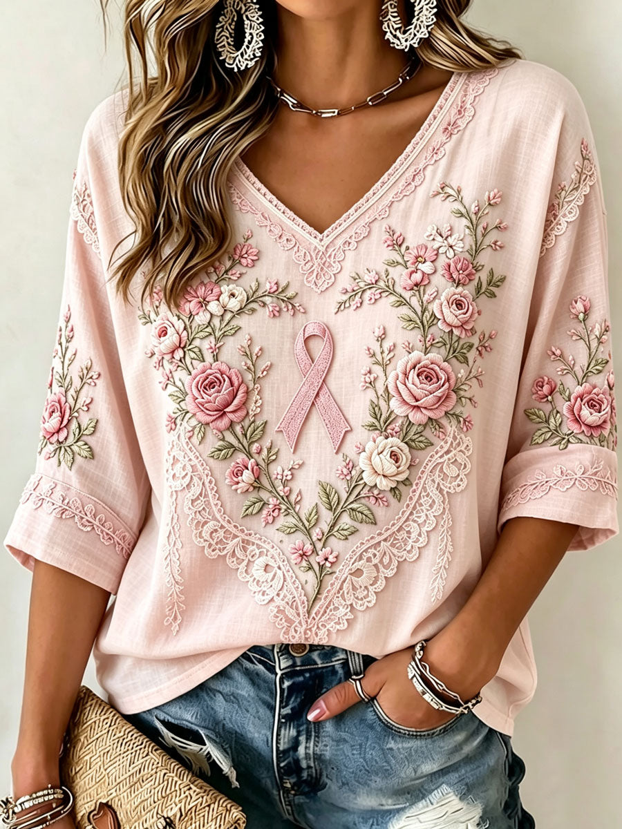 Women'S Pink Flower Breast Cancer Casual T-Shirt