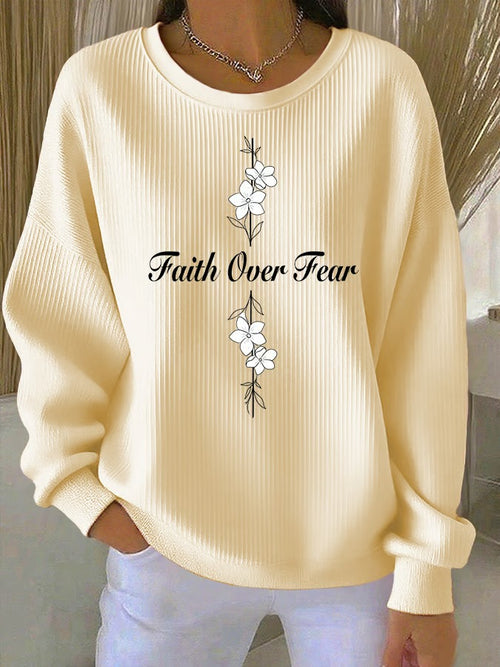 Ladies' Casual Faith Floral Print Round Neck Long Sleeved Knitted Sweatshirt