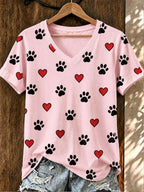 Women's Heart Paw Print Casual T-shirt