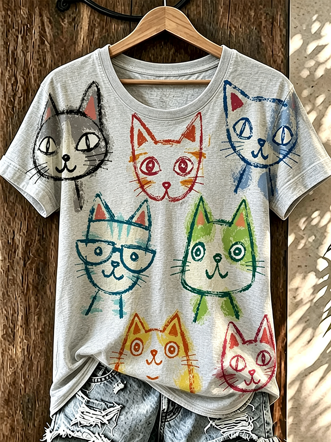 Women'S Fun Cat Sketched Round Neck T-Shirt