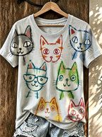 Women'S Fun Cat Sketched Round Neck T-Shirt
