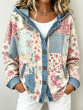 Women's Pink Floral Art Print Denim Patchwork Hooded Cardigan