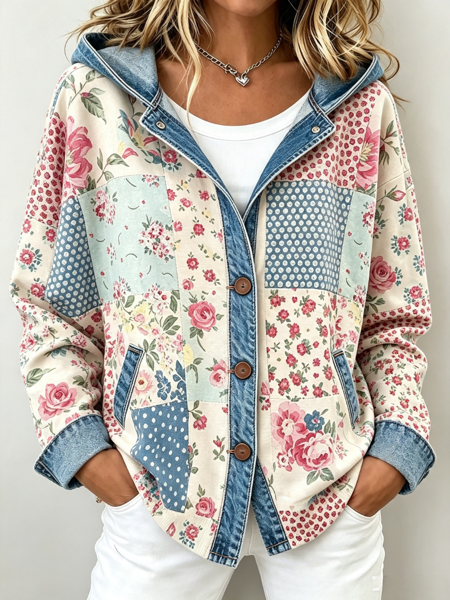 Women's Pink Floral Art Print Denim Patchwork Hooded Cardigan