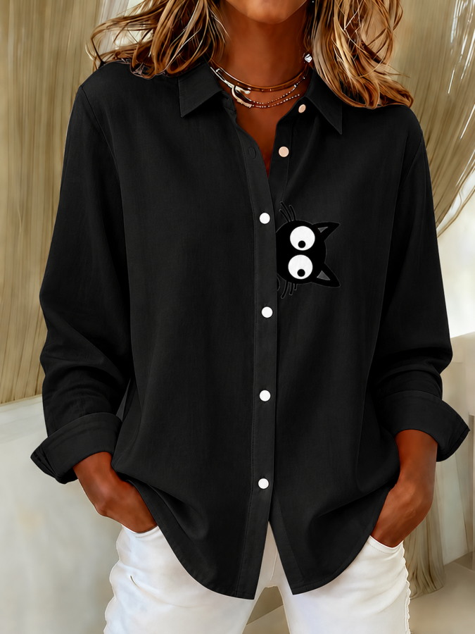 Women'S Creative Cat Printed Lapel Long Sleeve Shirt