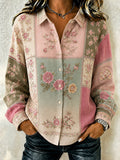 Women'S Pink Floral Print Lapel Long Sleeved Shirt