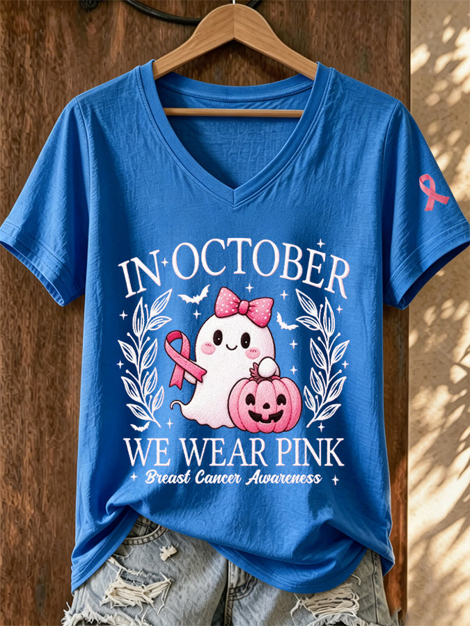 Women'S In October We Wear Pink Print T-Shirt