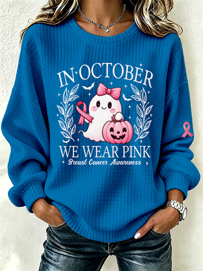Women's Breast Cancer Print Crew Neck Check Sweatshirt