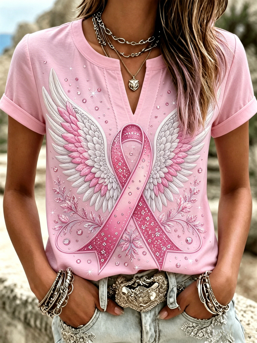 Women's Casual Breast Cancer Promotion Pink Art cotton and linen short sleeved shirt