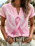 Women's Casual Breast Cancer Promotion Pink Art cotton and linen short sleeved shirt