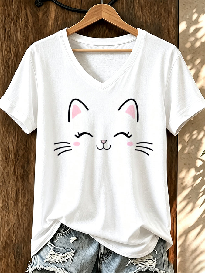 Women's Minimalist Cat V-Neck Top