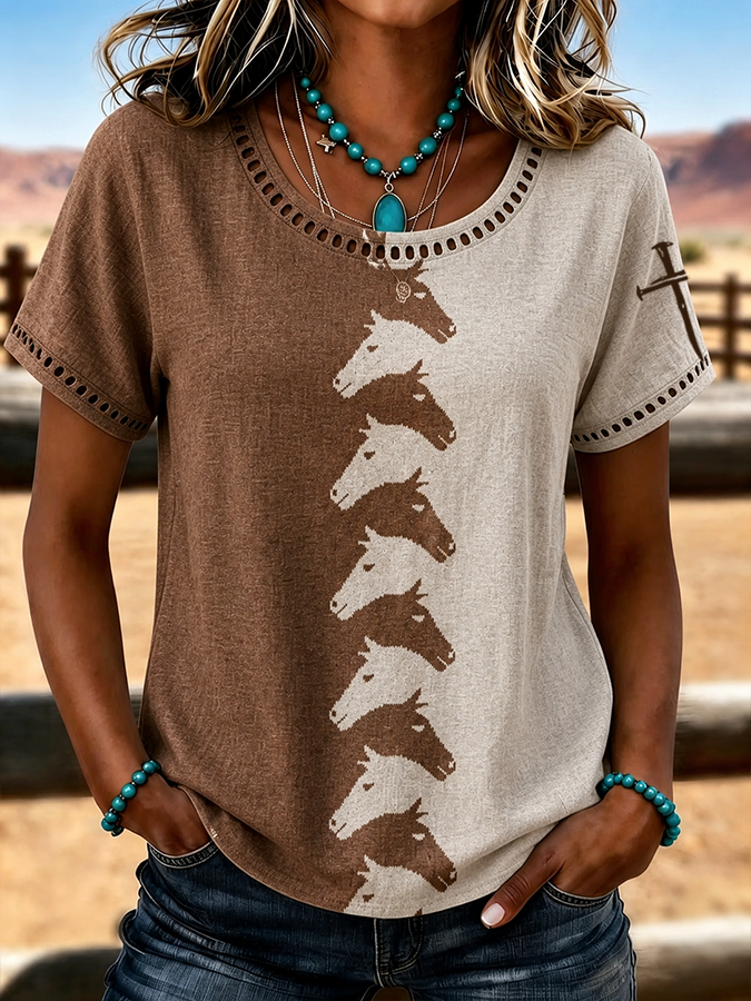Women's Western Cross Retro Flower Hollow T-Shirt