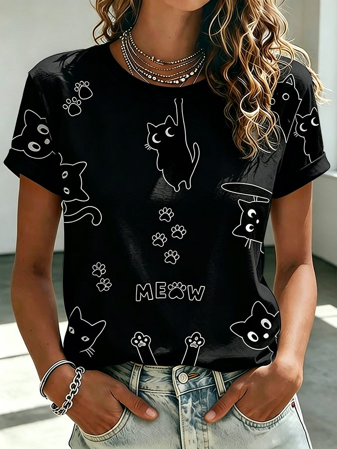 Women's Cute Cat Printed Casual T-shirt