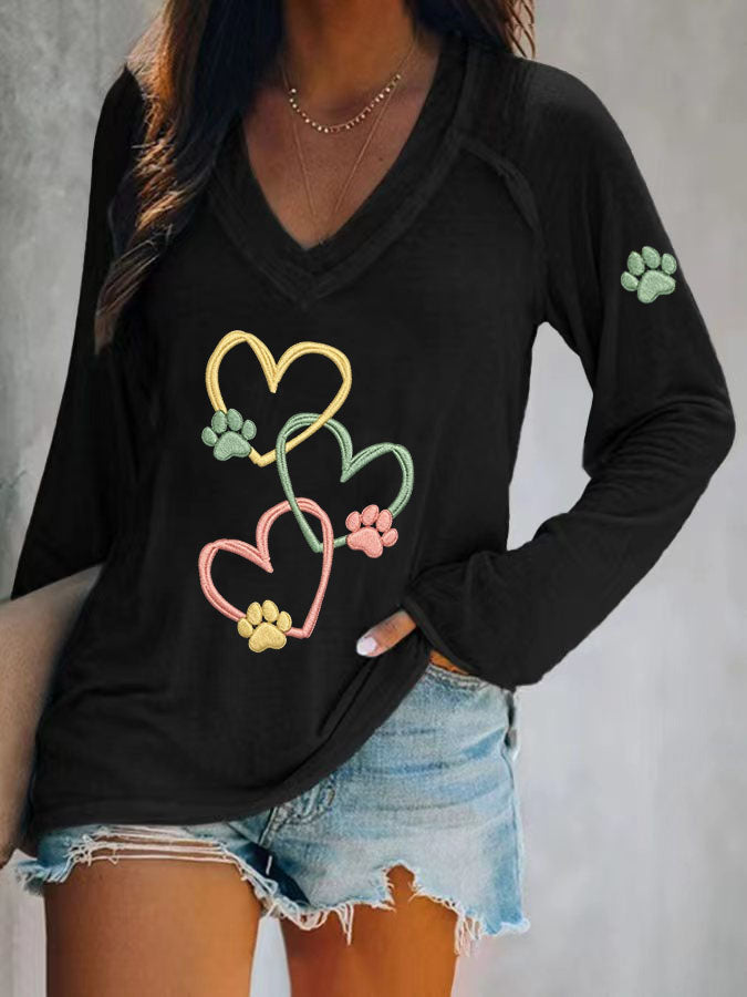 Women's Heart Paw Print Long Sleeve T-shirt