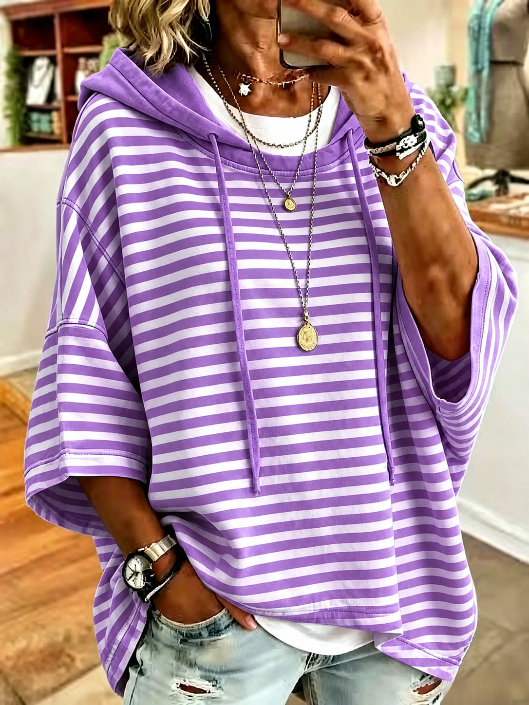 Women's Casual Loose Casual Striped Hooded Sweatshirt