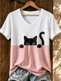 Women'S Cute Cat Printed Casual V-Neck T-Shirt
