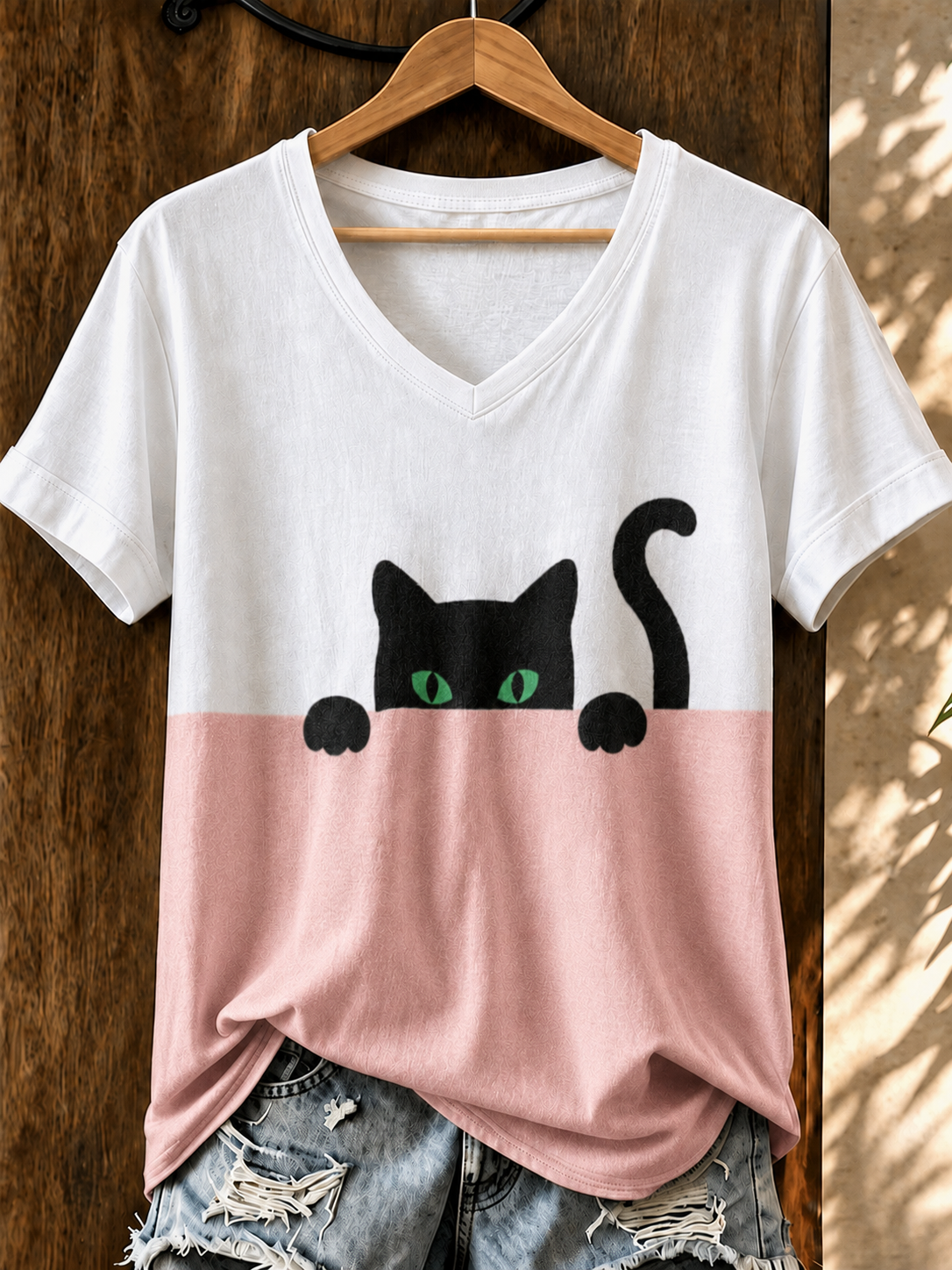 Women'S Cute Cat Printed Casual V-Neck T-Shirt