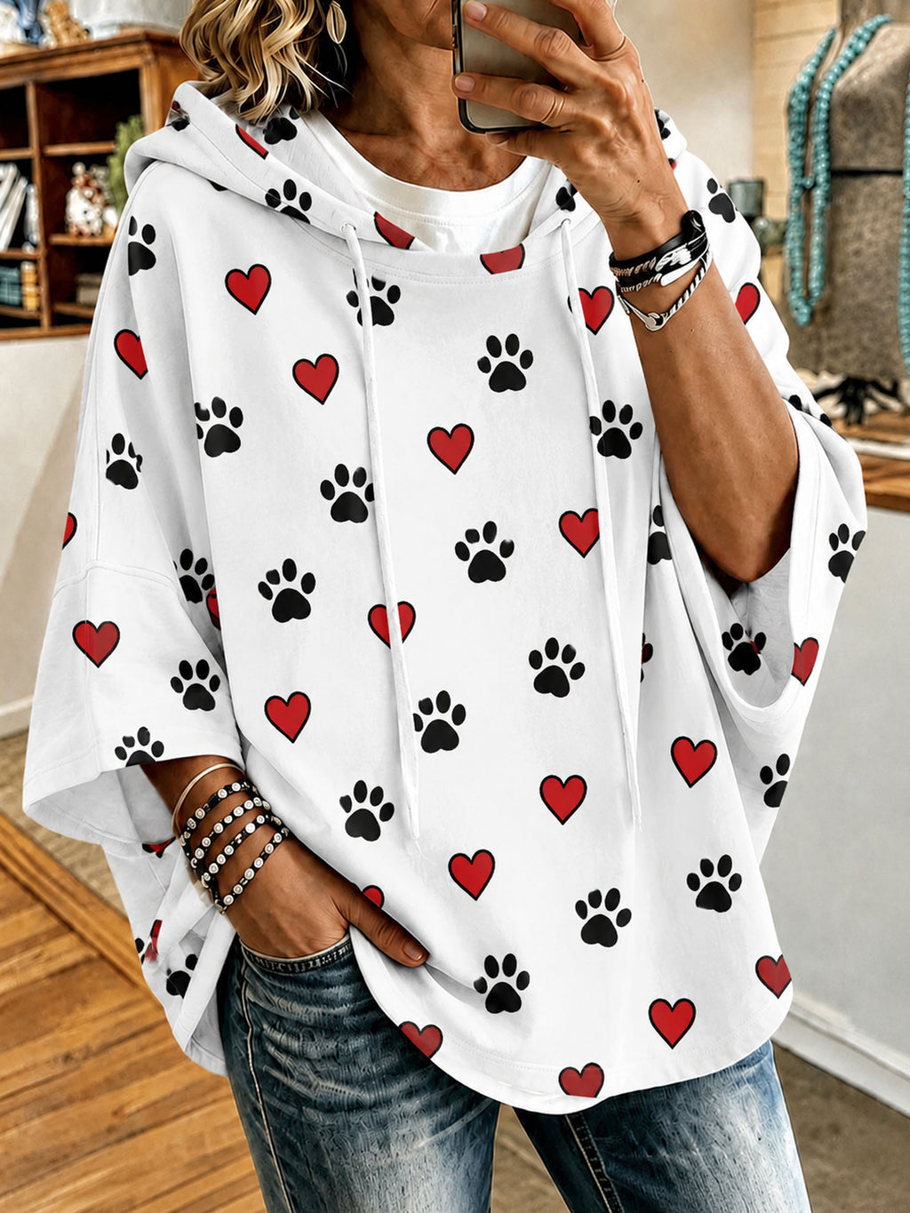 Women'S Heart Paw Print Casual Hoodie