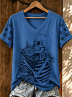 Women'S Cat Skull Printed Casual V-Neck T-Shirt