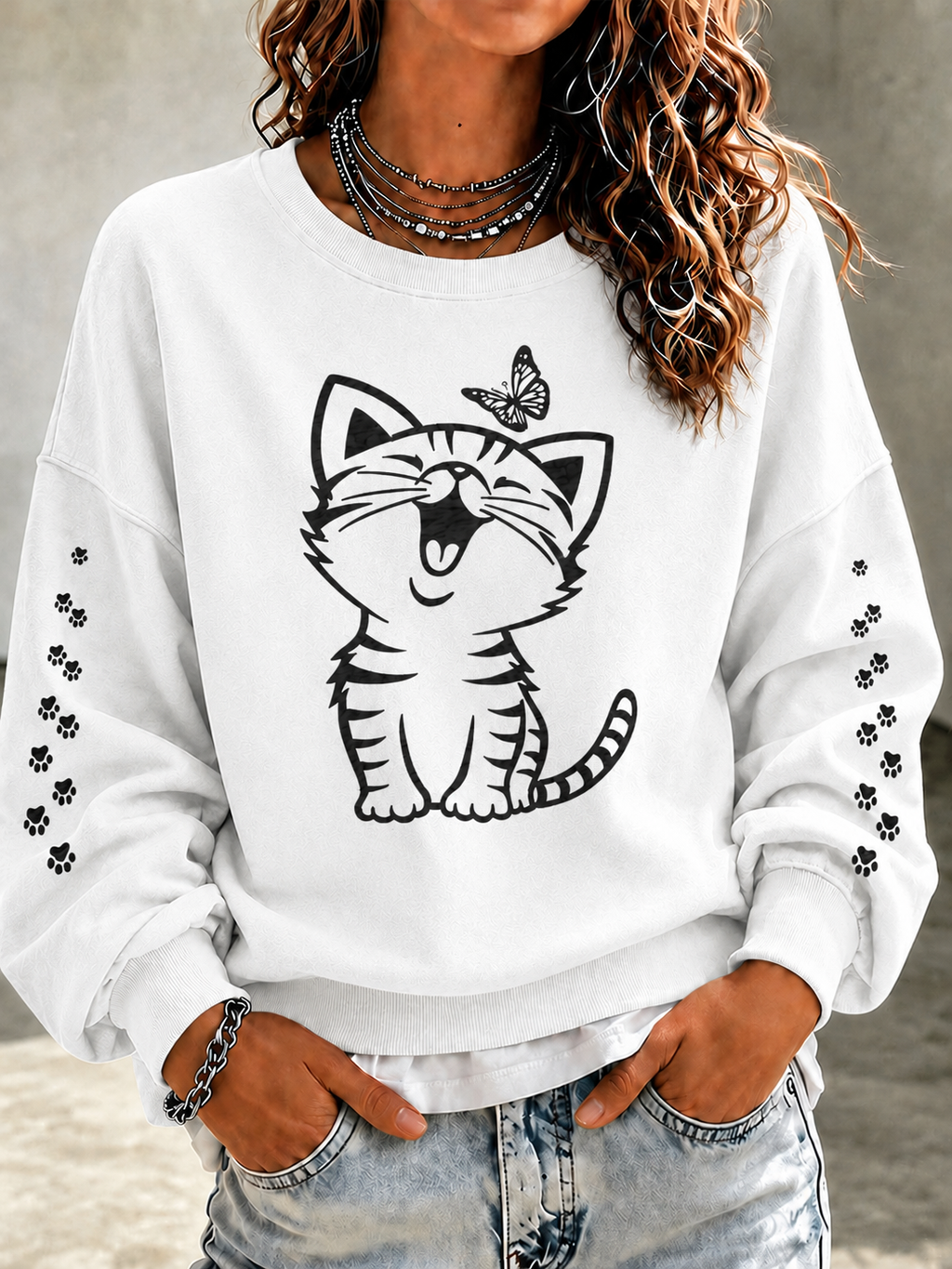 Women'S Casual Black Cat Art Printed Sports Shirt