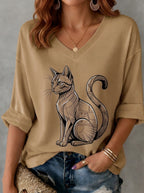 Women's Cat Lover Geometric Black Cat Printed V-neck T-shirt